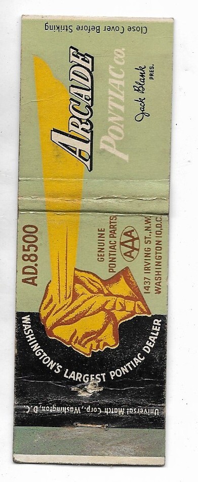 Vintage 1940’s Arcade Pontiac Jack Black Pres. Washington DC Matchbook Cover