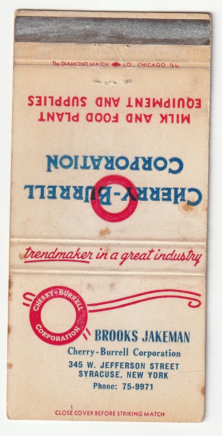 MATCHBOOK COVER – CHERRY BURRELL MILKING SUPPLIES – JAKEMAN – SYRACUSE NEW YORK