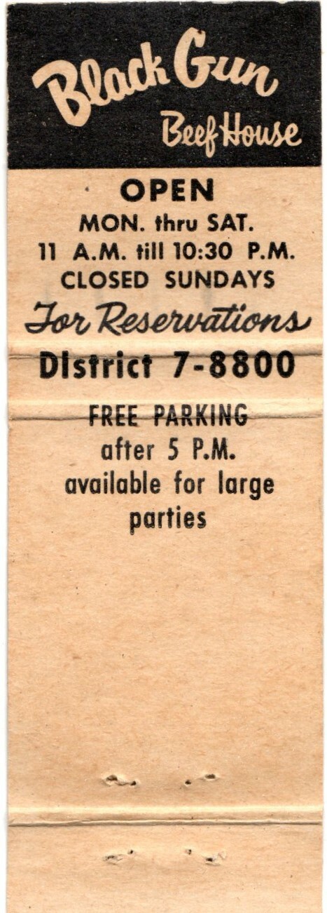 BLACK GUN Beef House Restaurant Washington DC Matchcover Matchbook Vintage