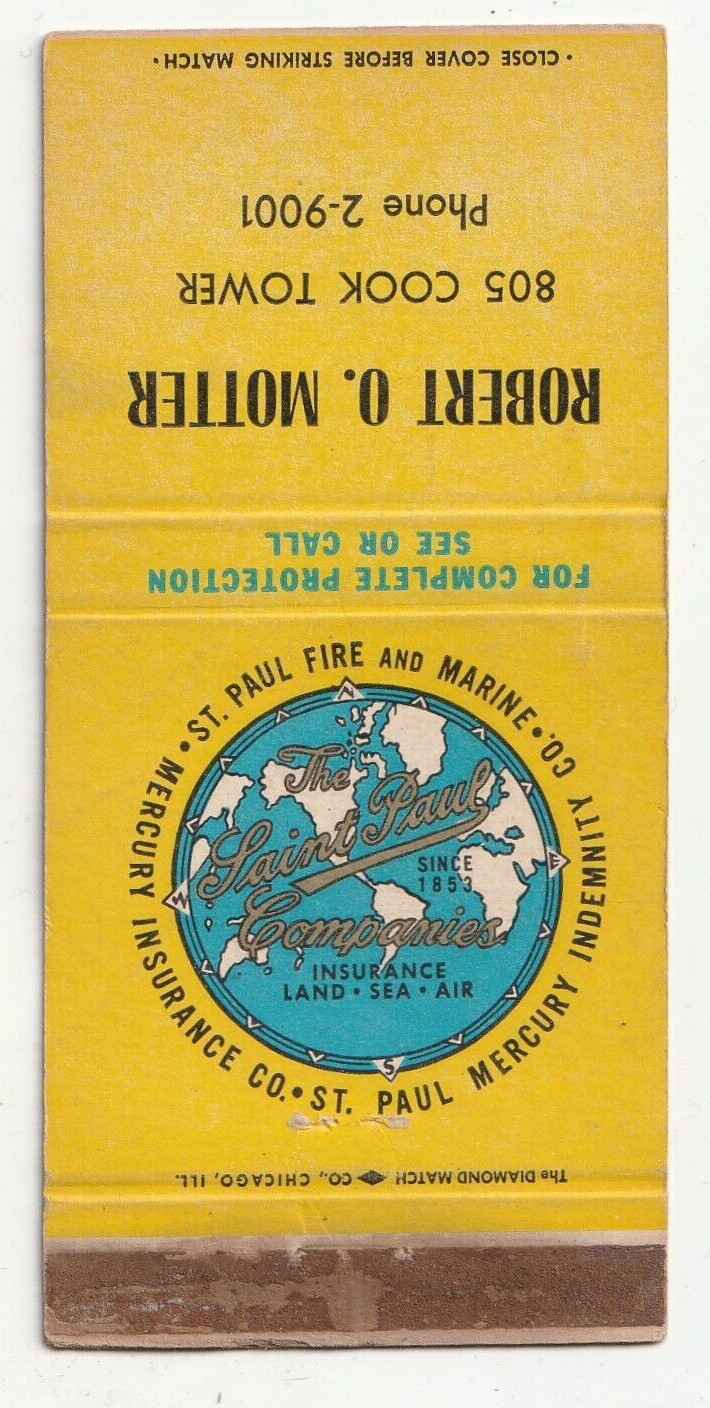 MATCHBOOK COVER – MERCURY INSURANCE – ROBERT O. MOTTER – SAINT PAUL MINNESOTA