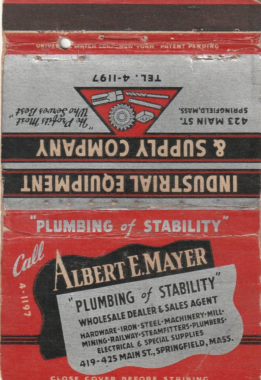 BILLBOARD MATCHBOOK COVER – MAYER PLUMBING & HEATING – SPRINGFIELD MASSACHUSETTS
