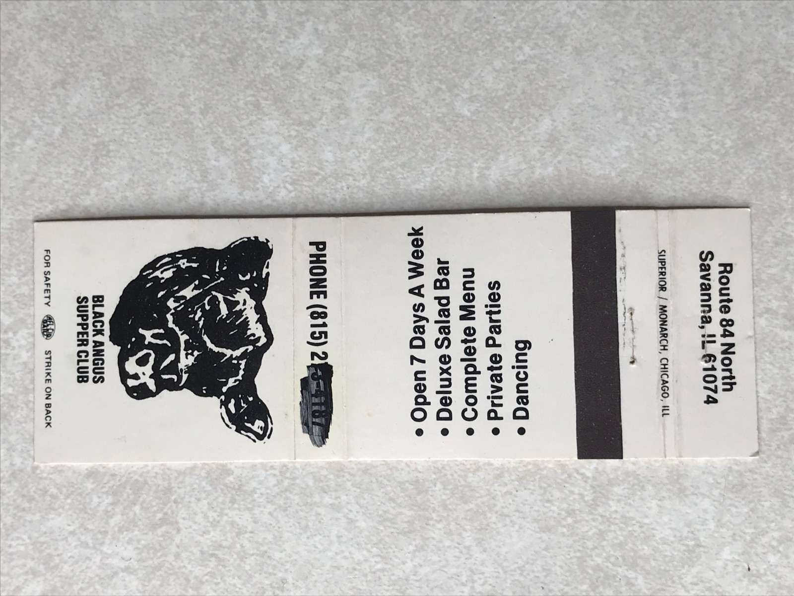 BH48 Matchbook Postcard Black Angus Supper Club Restaurant Savanna Illinois IL