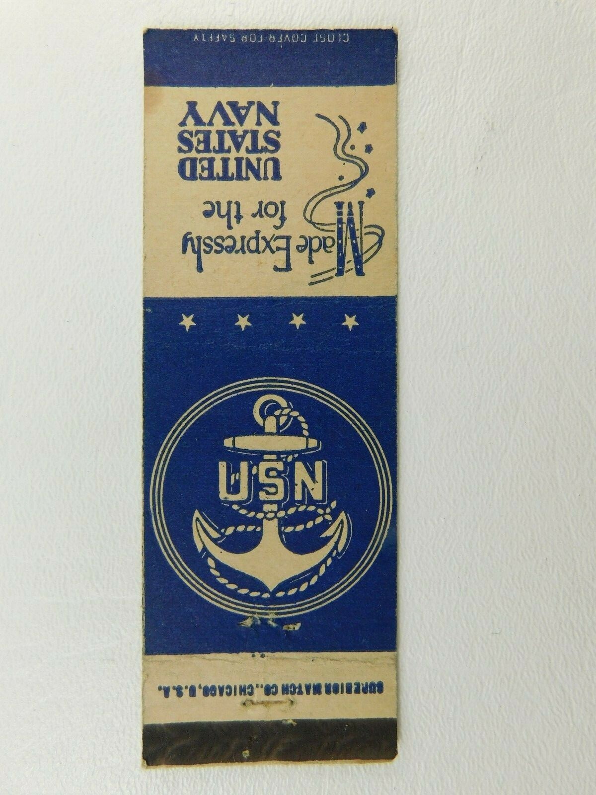 Made Expressly For The United States Navy U.S.N. Anchor Vintage Matchbook Cover