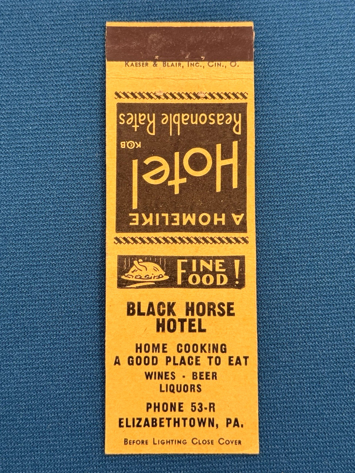 Black Horse Hotel Elizabethtown Pennsylvania VTG Matchbook Cover Lt#1562