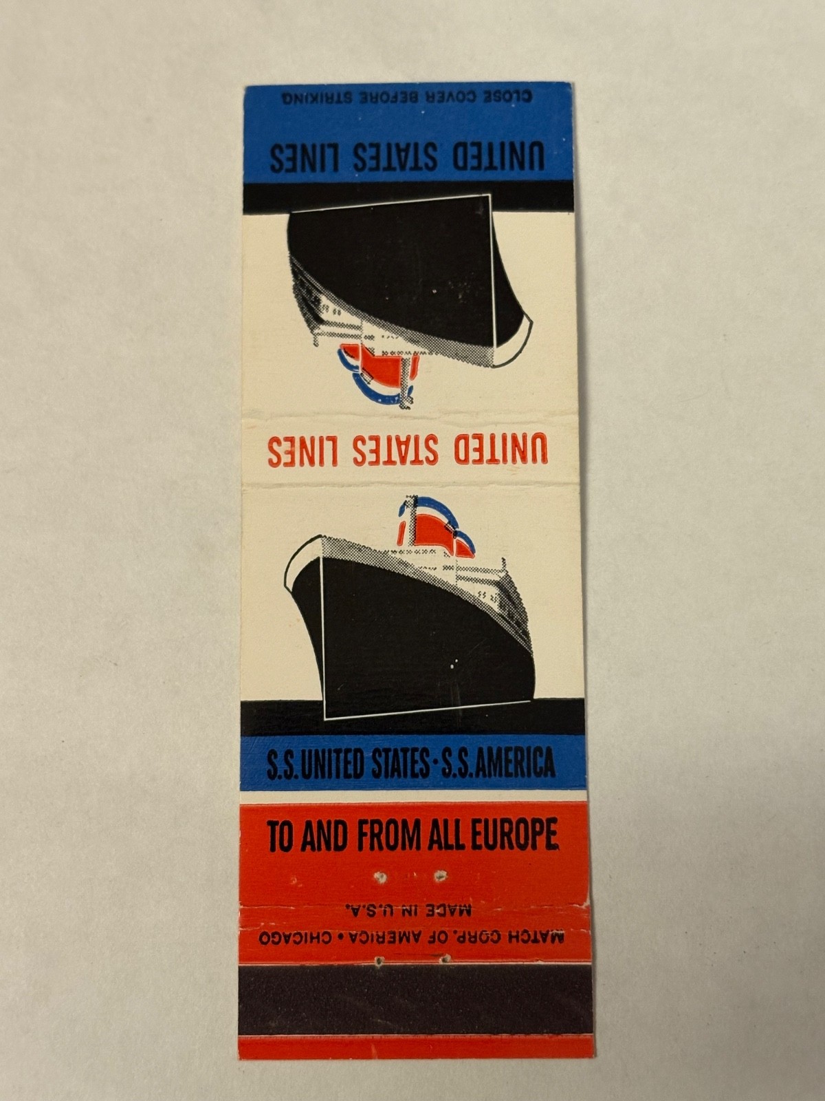 United States Lines Matchbook Cover S.S. America Europe US U.S. SS Match Corp
