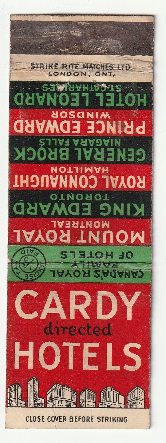 MATCHBOOK COVER – MOUNT ROYAL HOTEL -CARDY HOTELS – MONTREAL CANADA