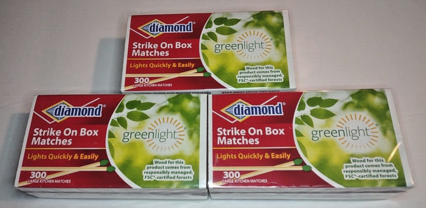 *3 BOXES* Diamond Strike On Box LG Matches, Green Tip (300 per box, 900 Total)