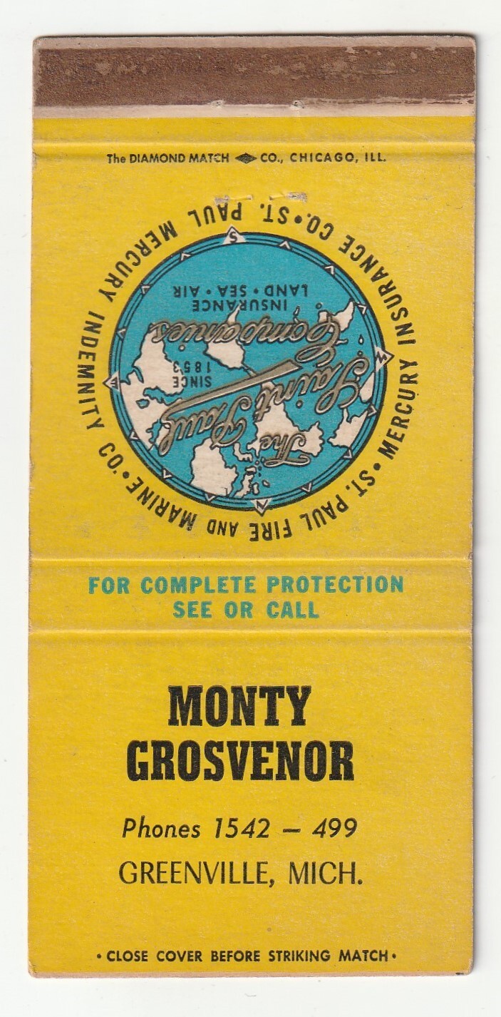 MATCHBOOK COVER – MERCURY INSURANCE – MONTY GROSVENOR – GREENVILLE MICHIGAN