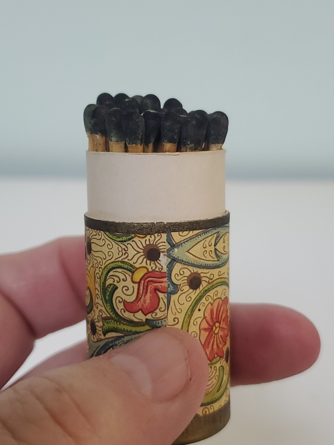 Decorative Paisley Cardboard Tube Cylinder Match Holder Black Tip Matches