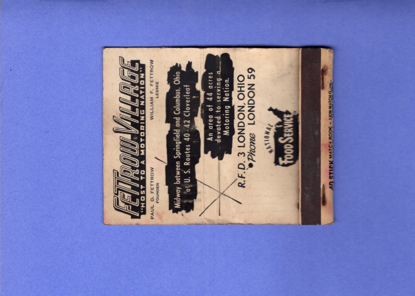 London, Ohio Fetrow Village Truck Stop and Restaurant @ 1950 Matchbook Cover