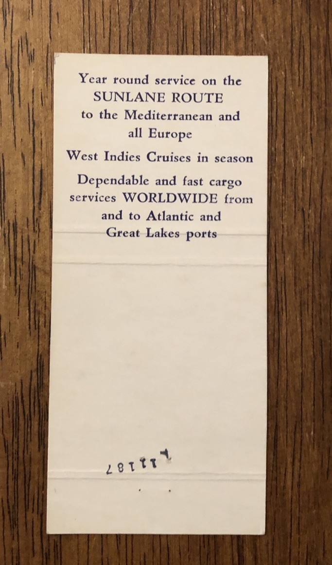 American Export Lines – The Sunlane To Europe Matchbook Cover (X1)