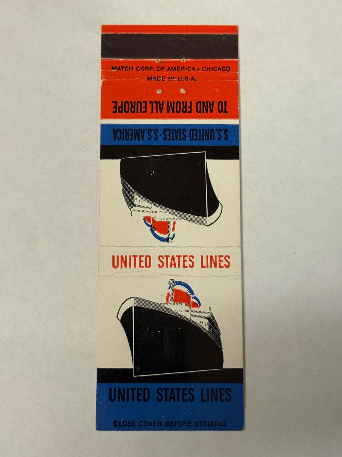 United States Lines Matchbook Cover S.S. America Europe US U.S. SS Match Corp