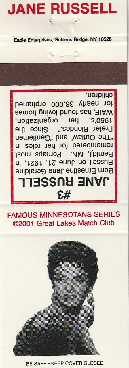 MATCHBOOK COVER – FAMOUS MINNESOTANS – JANE RUSSELL – UNSTRUCK