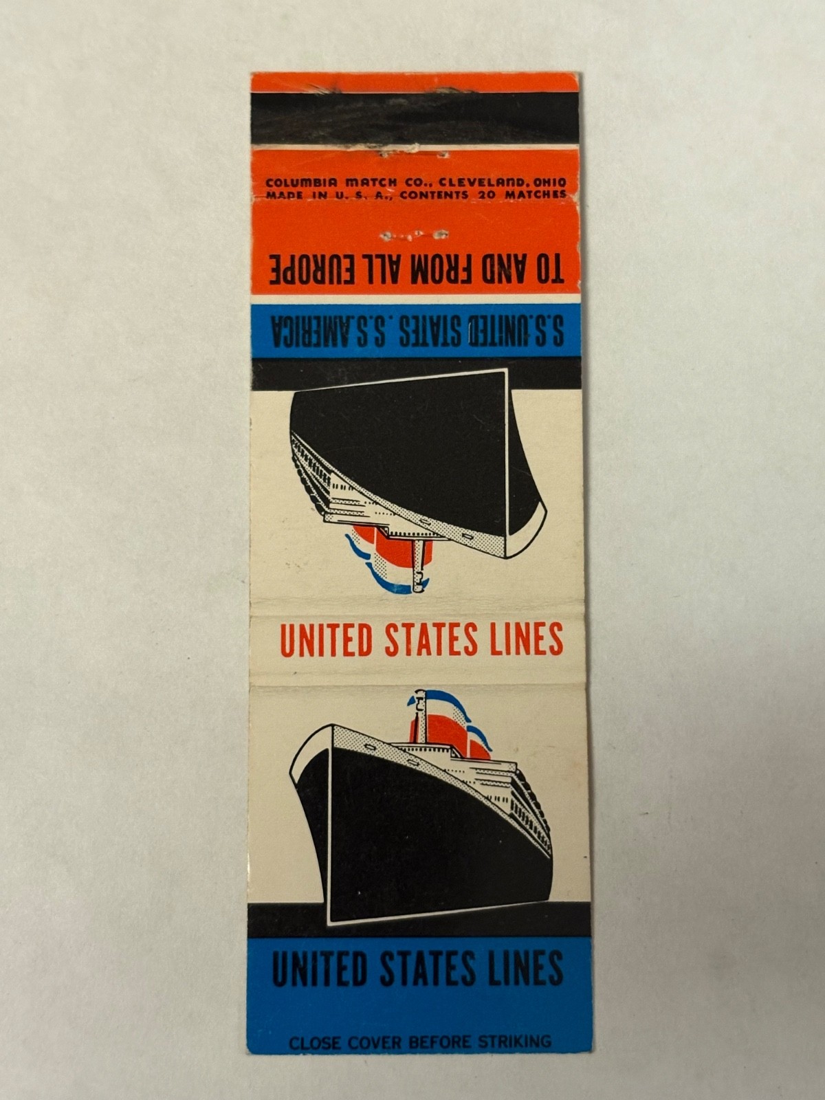 United States Lines Matchbook Cover S.S. America Europe US U.S. SS Ship Columbia