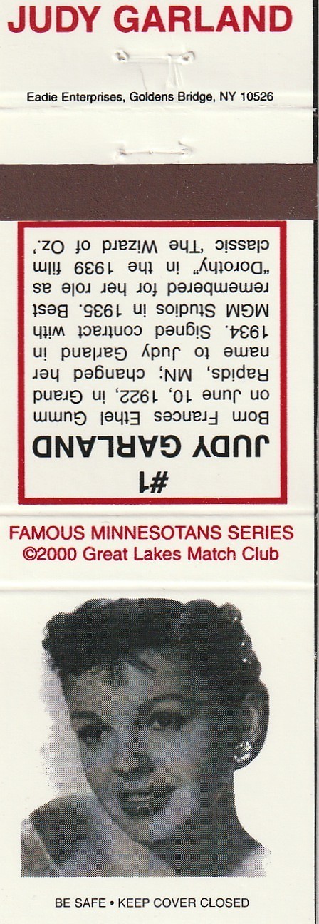 MATCHBOOK COVER – FAMOUS MINNESOTANS – JUDY GARLAND – UNSTRUCK