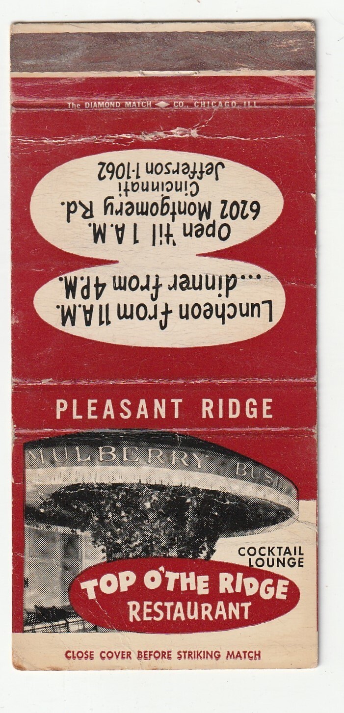 MATCHBOOK COVER TOP O’ THE RIDGE RESTAURANT CINCINNATTI OHIO – MULBERRY BUSH BAR
