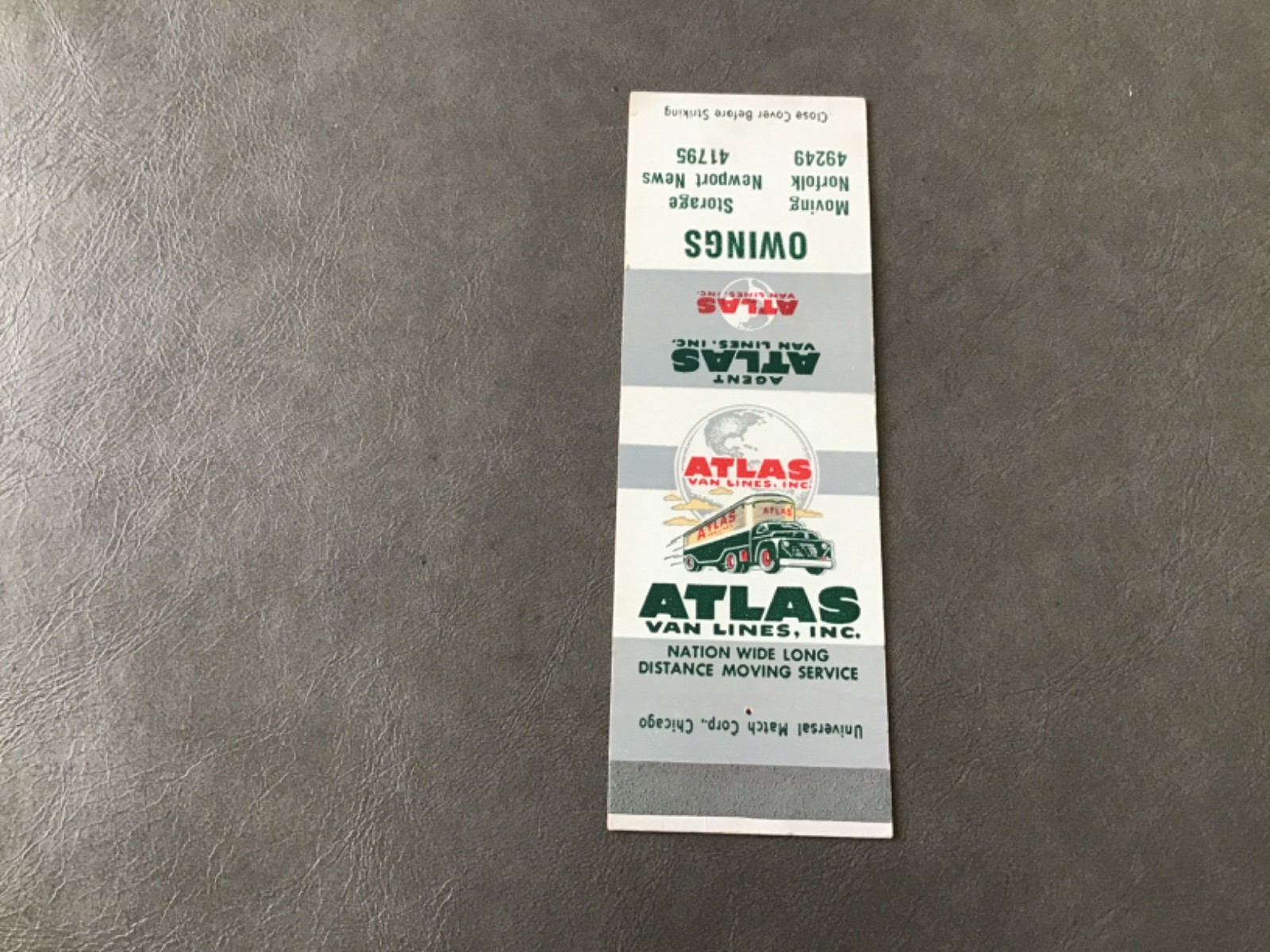 Matchbook Cover Owing’s Atlas Van Lines, Norfolk & Newport News, VA