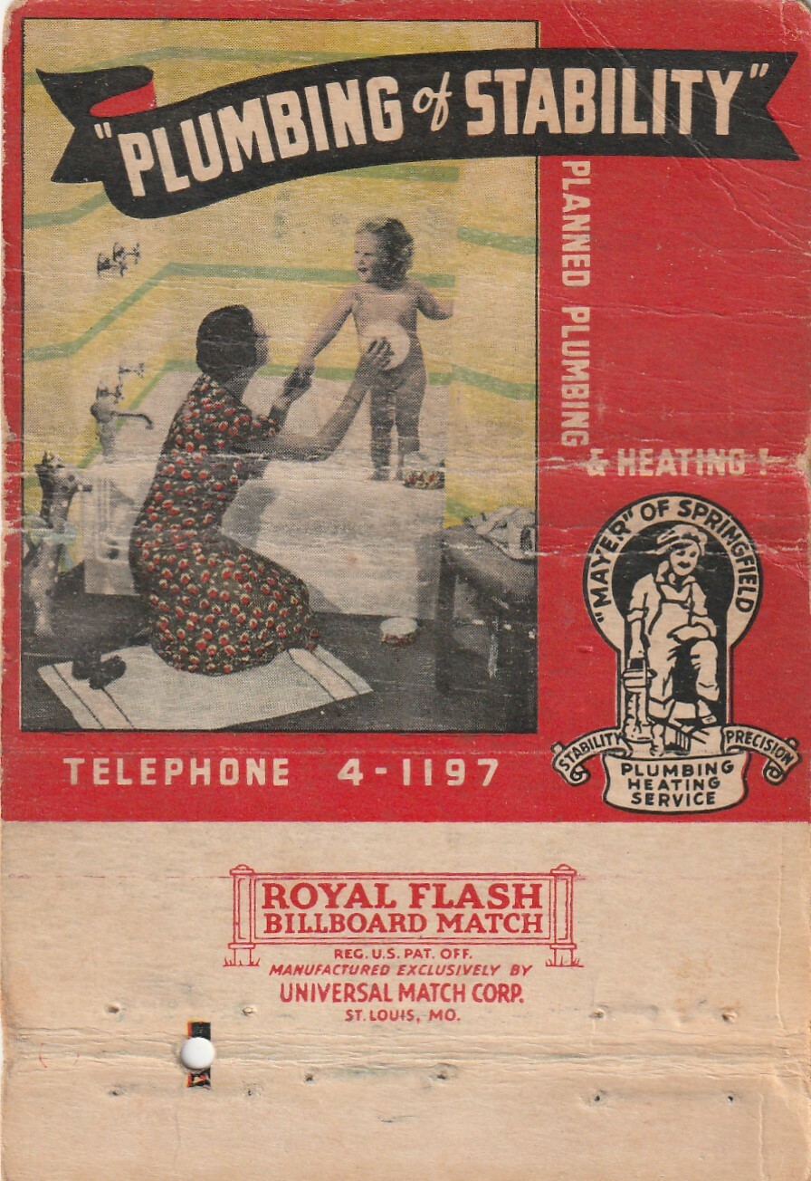 BILLBOARD MATCHBOOK COVER – MAYER PLUMBING & HEATING – SPRINGFIELD MASSACHUSETTS