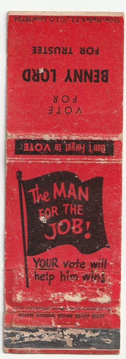 MATCHBOOK COVER – VOTE BENNY LORD – TRUSTEE – POLITICAL