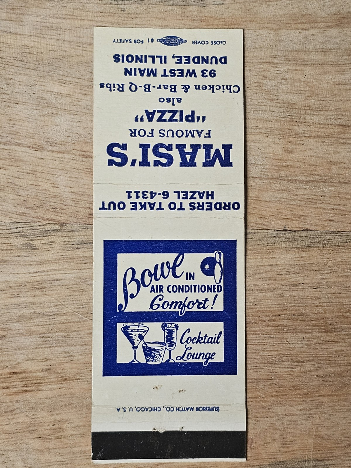 Vintage 1950s Masi’s Pizza Matchbook West Dundee Illinois Bowling Alley BS1A