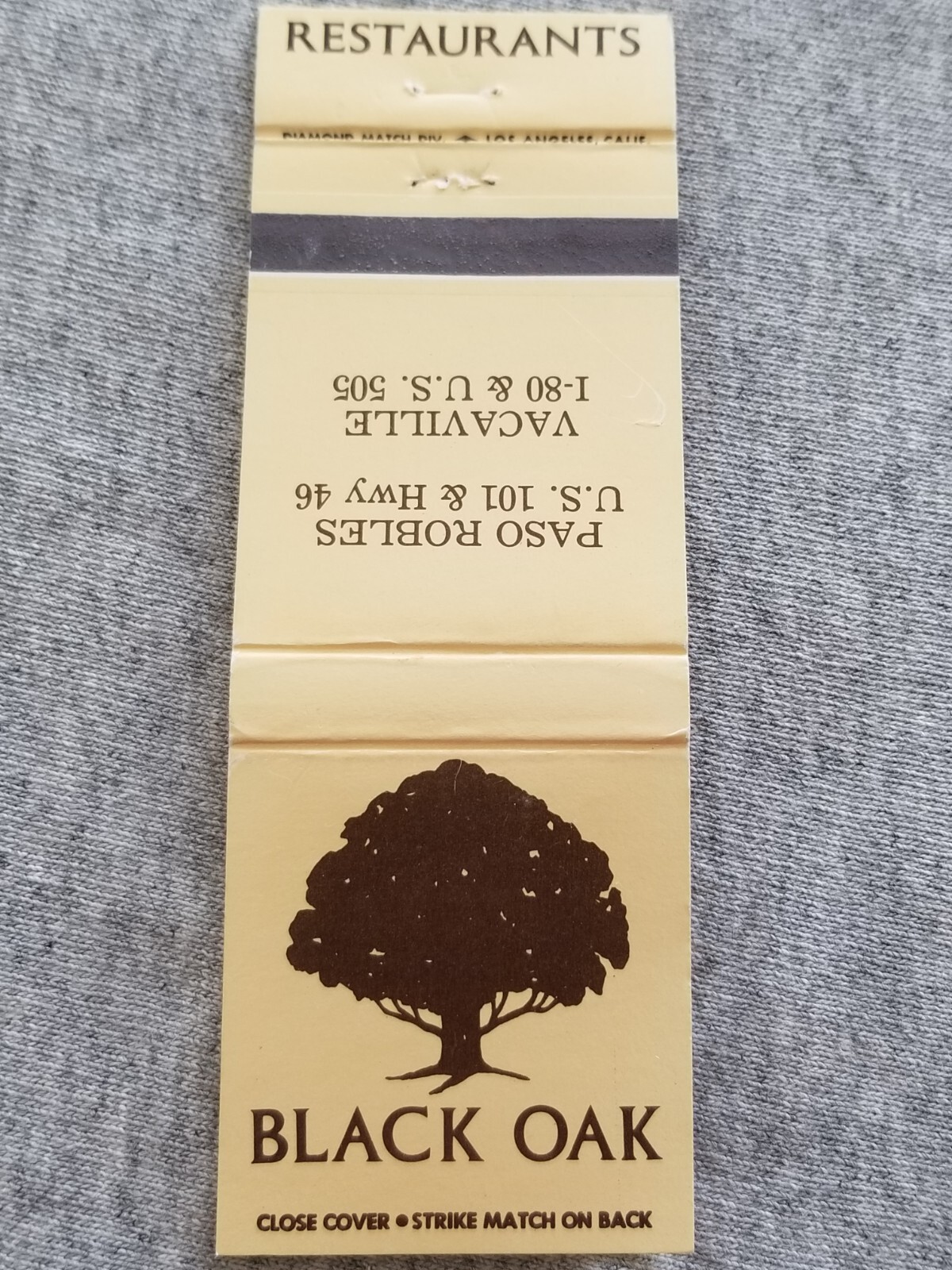 Black Oak Restaurant Paso Robles & Vacaville CA Vtg Matchbook Cover