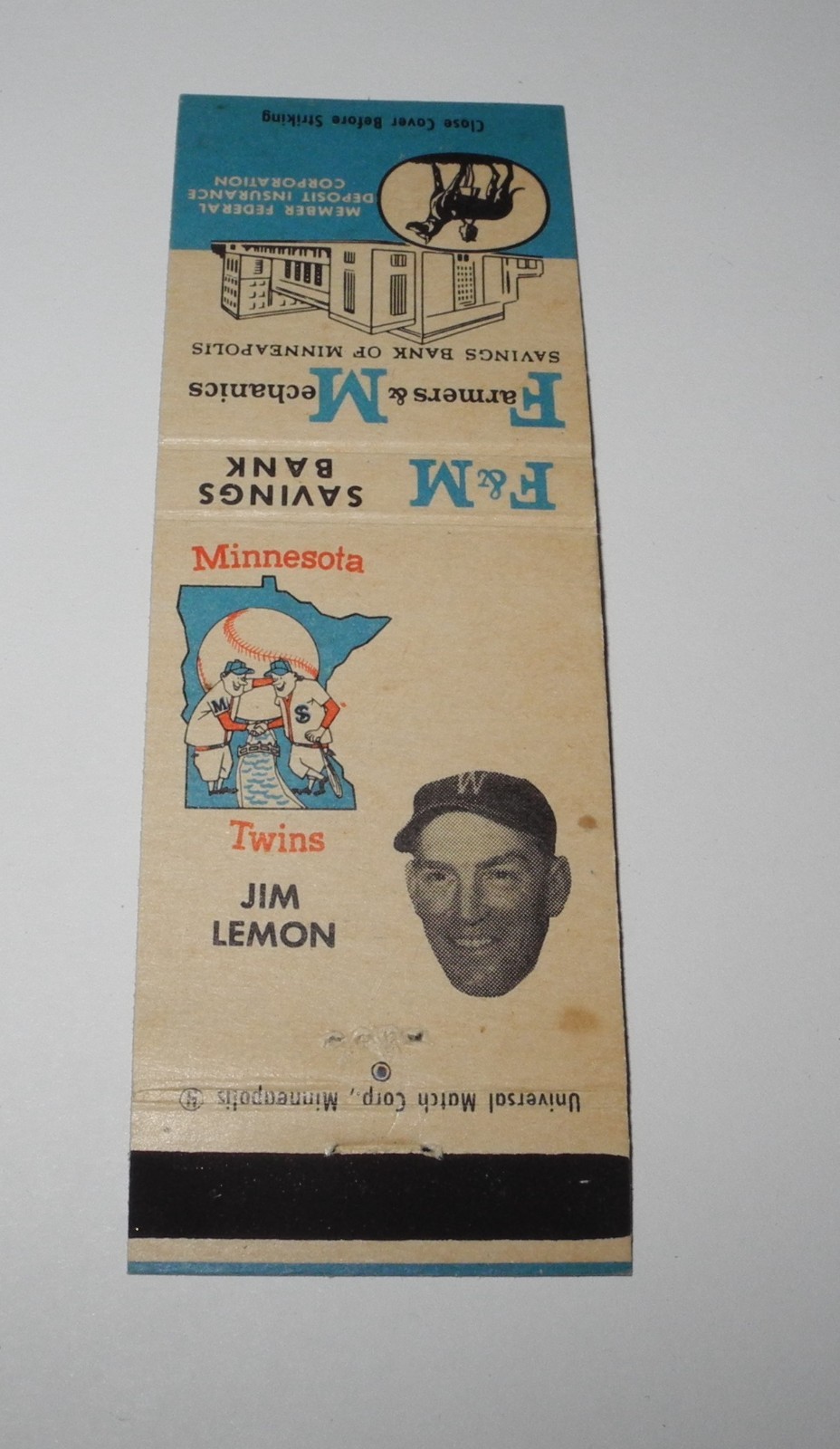 Vintage 1961 Baseball Jim Lemon Minnesota Twins Souvenir Matchbook Match
