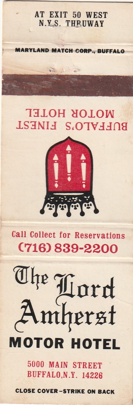 MATCHBOOK COVER – LORD AMHERST MOTOR HOTEL – BUFFALO NEW YORK