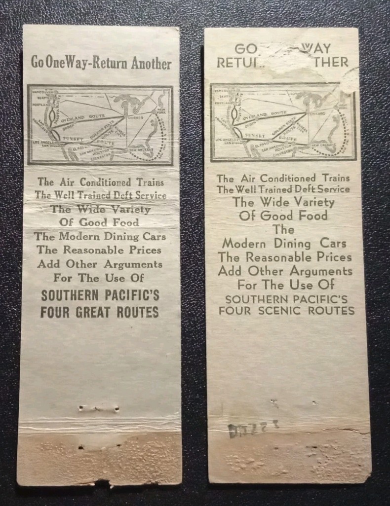 Southern Pacific Lines Black Dining Railroad Car Waiter Matchcovers (2) 1940s