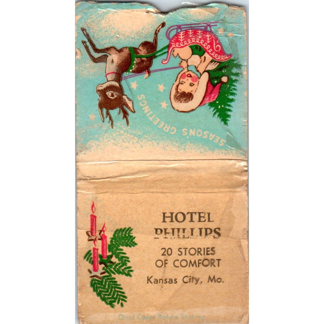 Hotel Phillips Christmas Reindeer Kansas City MO Advertising Matchbook MM8-4