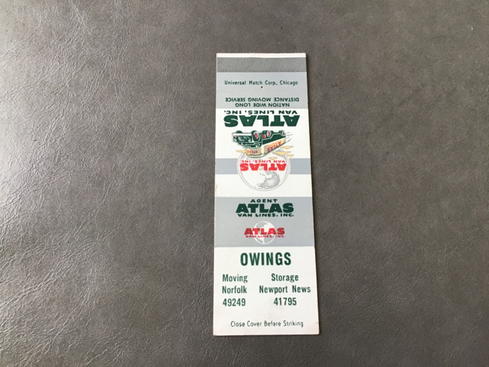 Matchbook Cover Owing’s Atlas Van Lines, Norfolk & Newport News, VA
