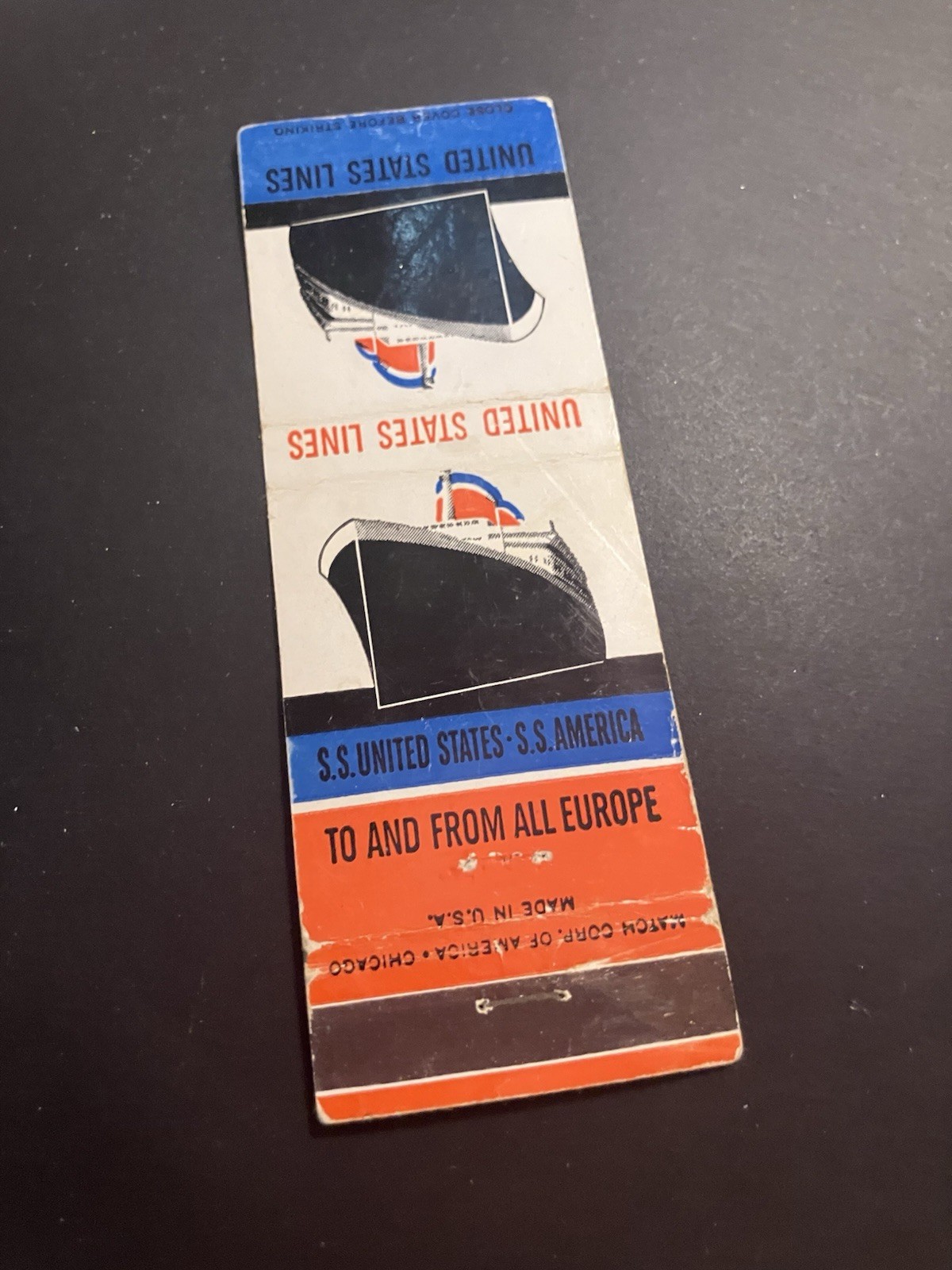 Vintage Ship Matchbook “United States Lines – To & From All Of Europe”