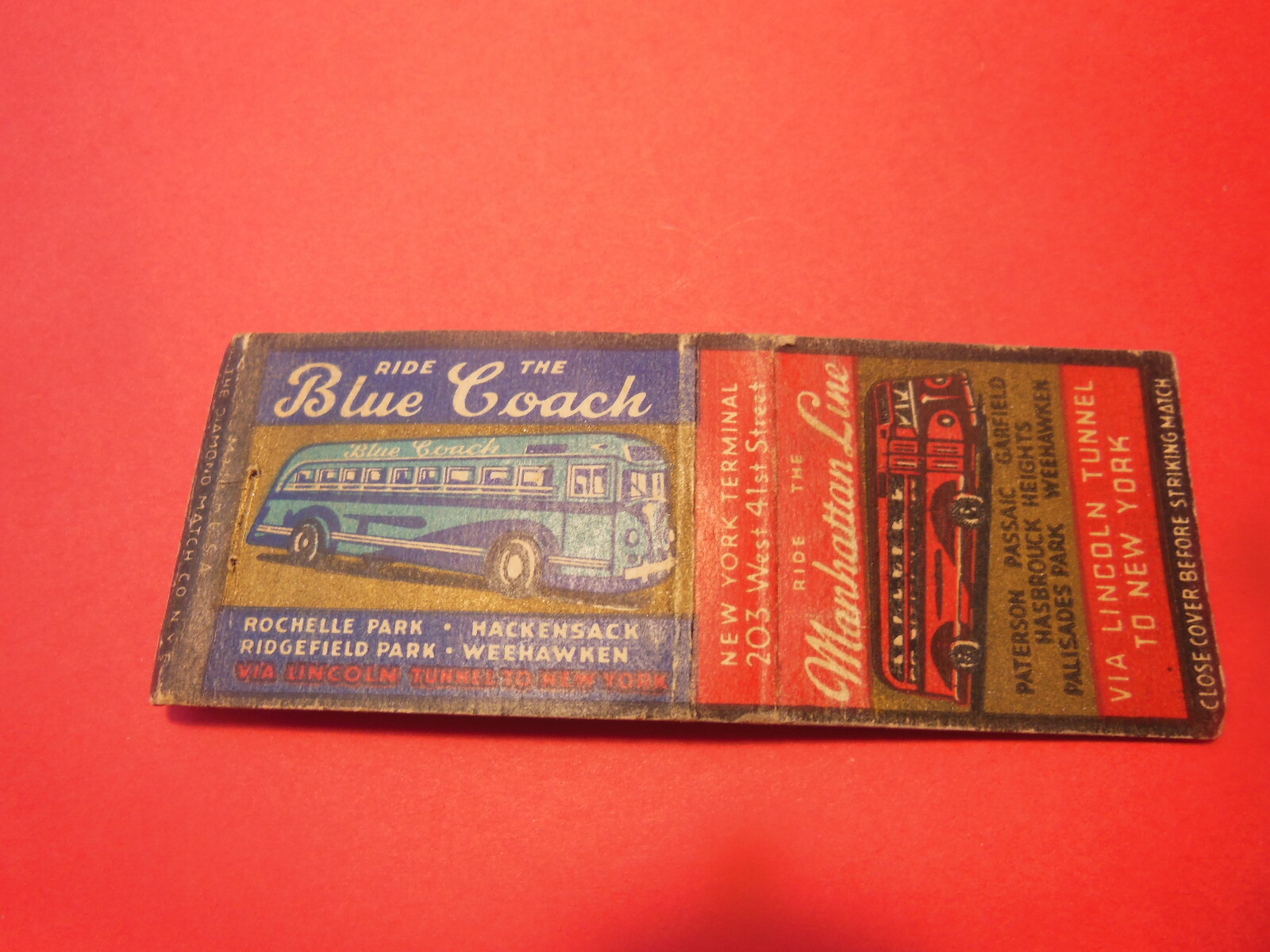 1940s Blue Coach Line & Manhattan Line Bus Service Matchbook Cover