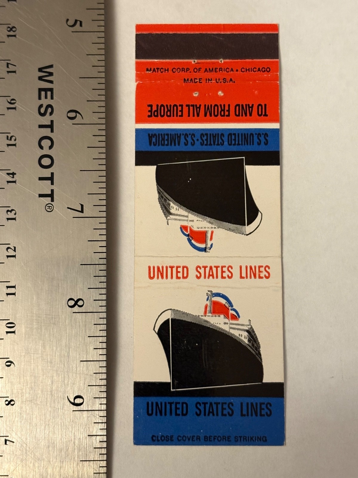 United States Lines Matchbook Cover S.S. America Europe US U.S. SS Match Corp