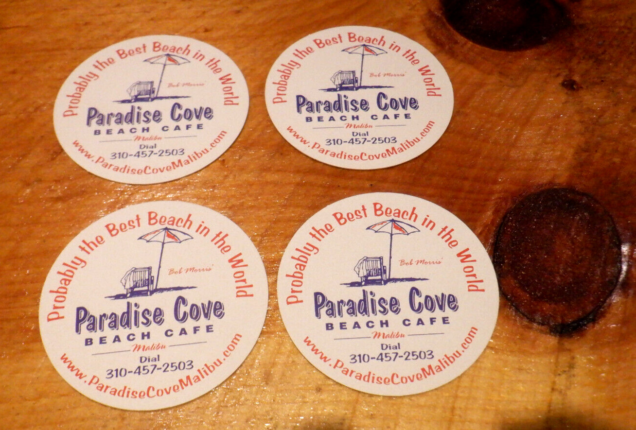 Lot of 4 Paradise Cove Beach Cafe Malibu 4″ Diameter Cardboard Coasters MINT