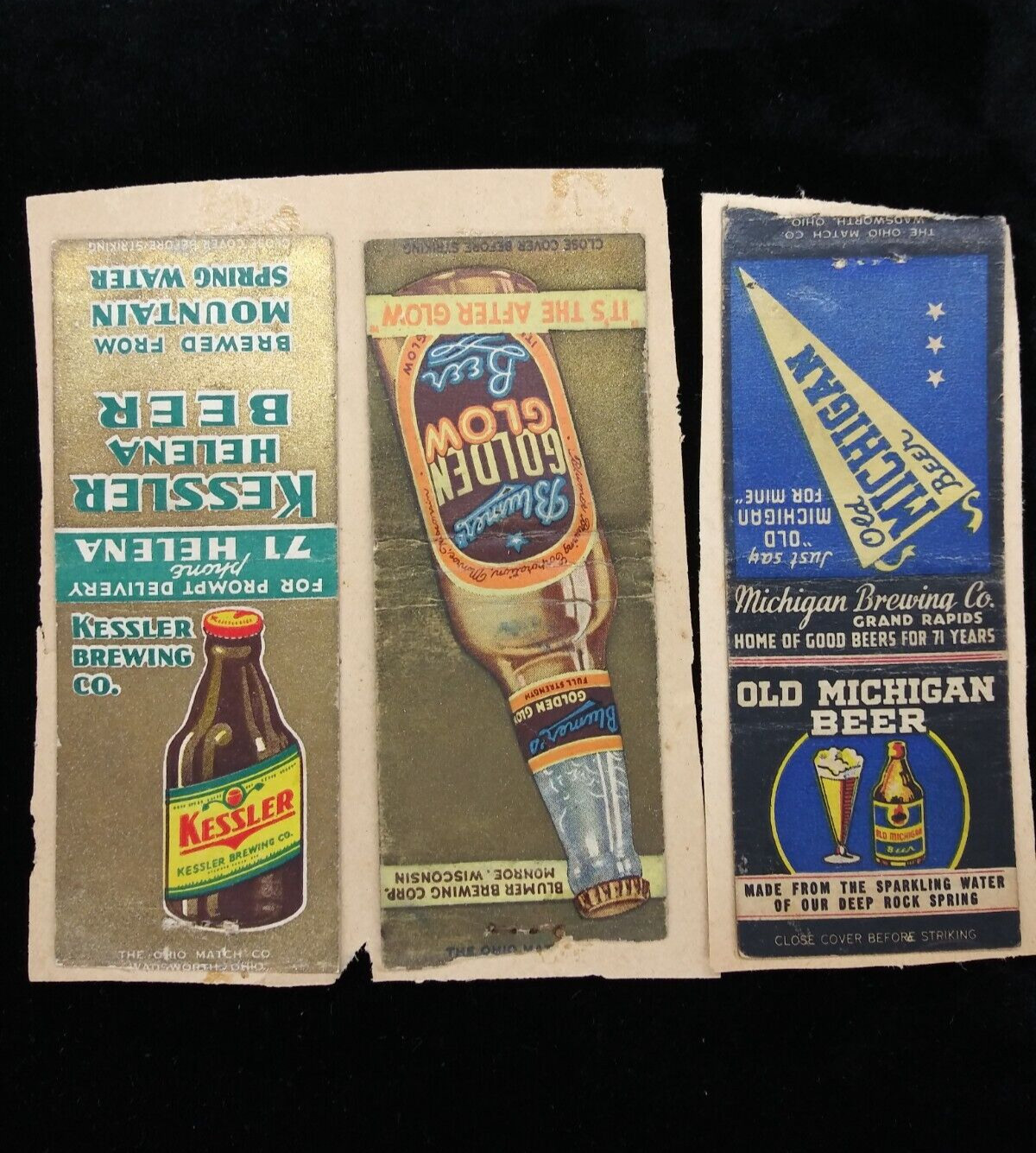 Genuine 3 Old Brewery Advertising Matchbook Covers Mounted on Cardboard