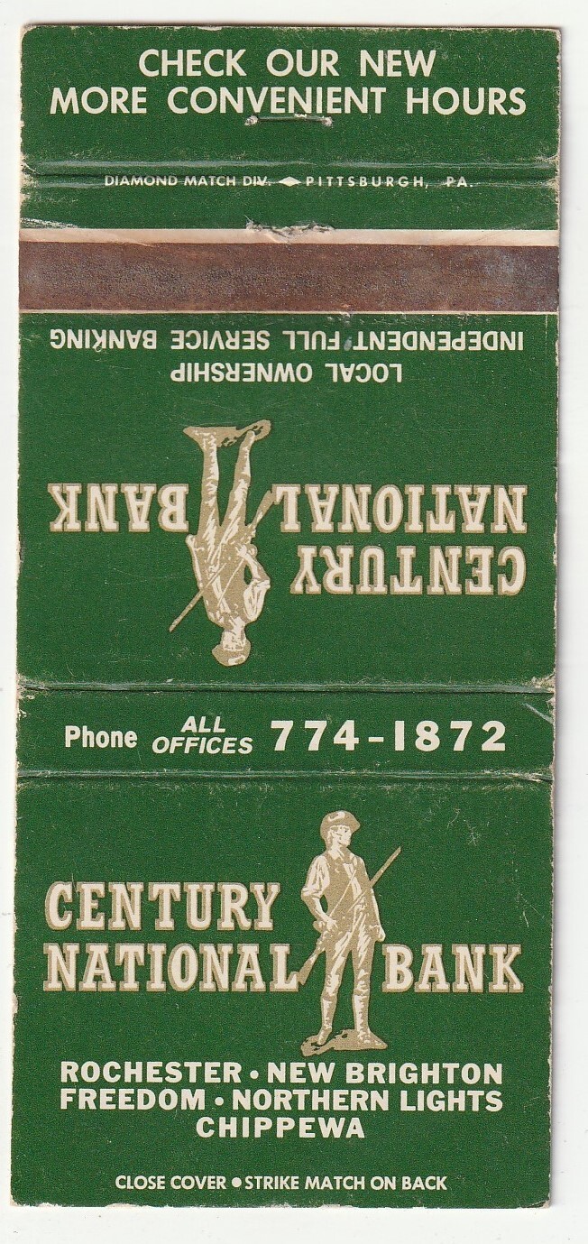 MATCHBOOK COVER – CENTURY NATIONAL BANK – ROCHESTER CHIPPEWA PENNSYLVANIA