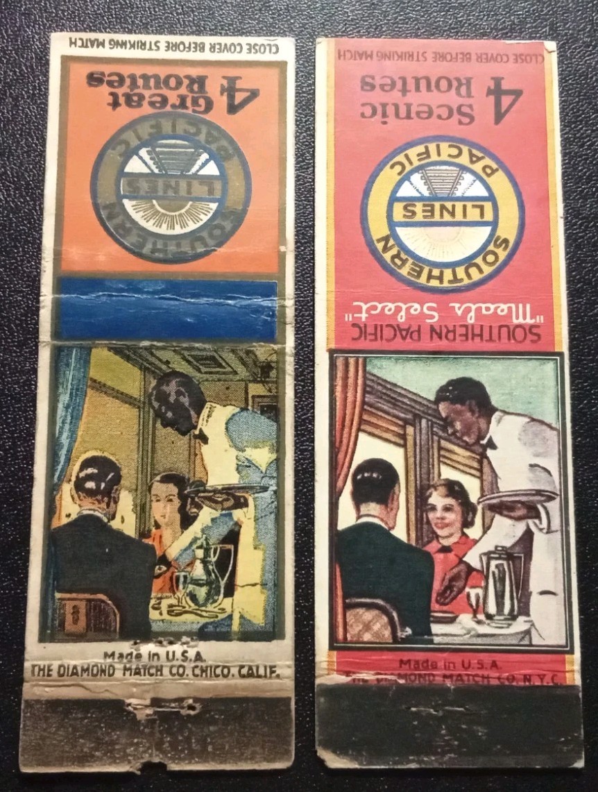 Southern Pacific Lines Black Dining Railroad Car Waiter Matchcovers (2) 1940s