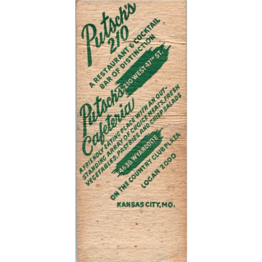 Putsch’s 210 & Cafeteria Kansas City MO Advertising Matchbook Cover MM8-5