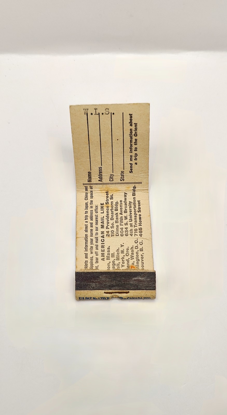 Vintage American Mail Line Trans Pacific Sailings Matchbook EMPTY