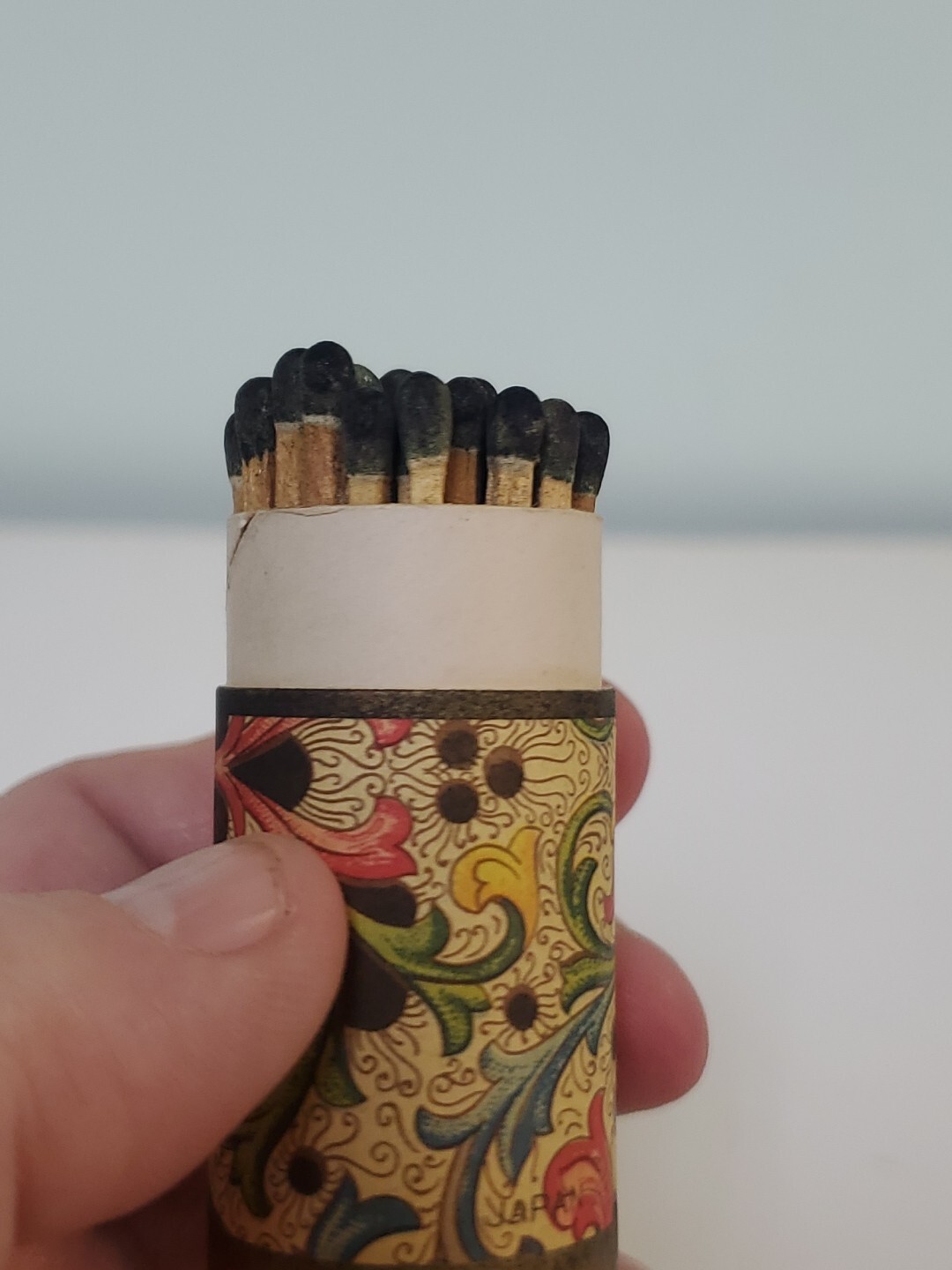 Decorative Paisley Cardboard Tube Cylinder Match Holder Black Tip Matches