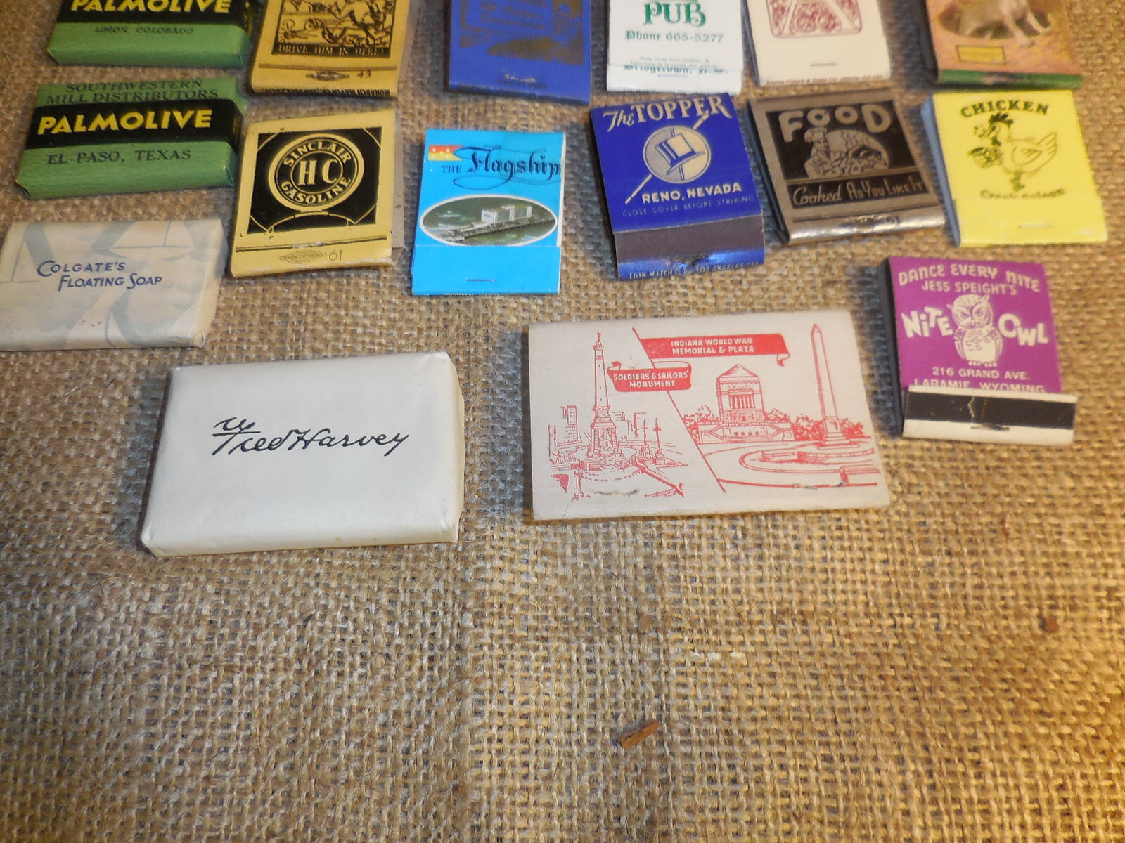 lot of Vintage Matchbox and hotel soaps,cardboard advertising case included