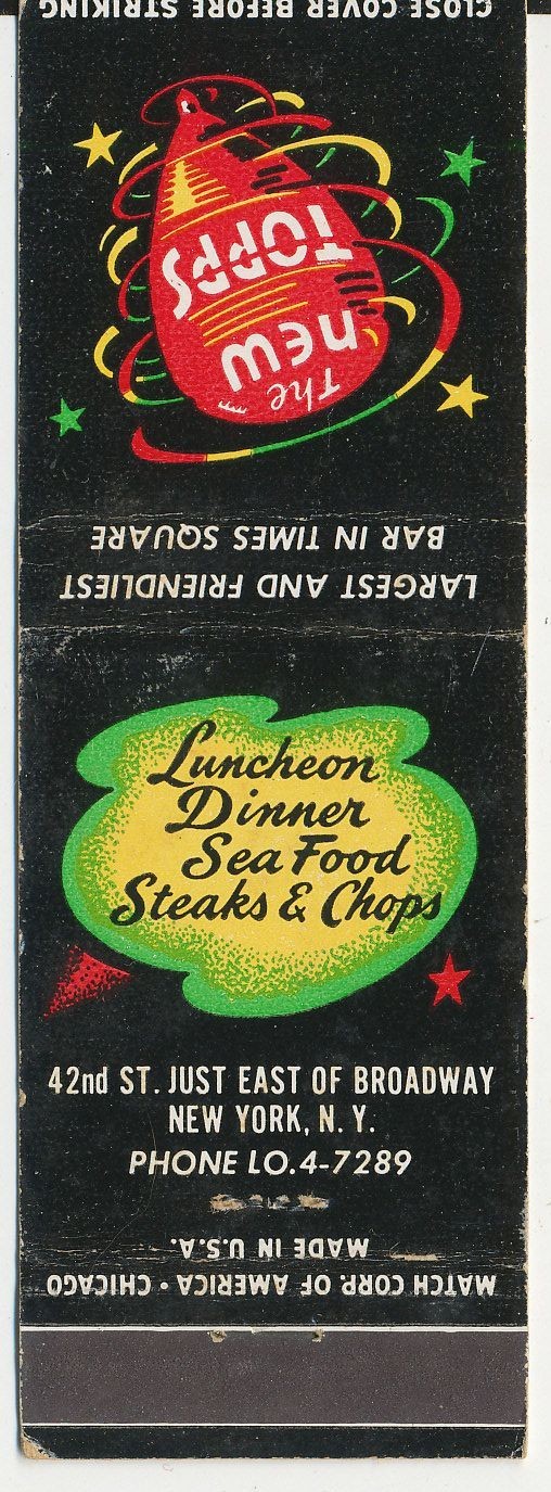 Vintage NYC The New Topps Bar – Times Square – Matchbook – New York Steakhouse