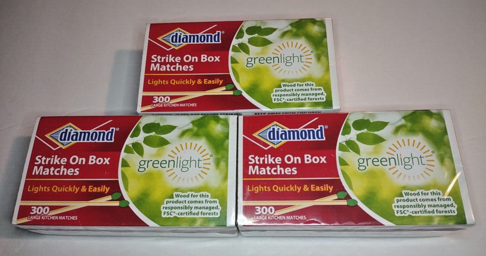 *3 BOXES* Diamond Strike On Box LG Matches, Green Tip (300 per box, 900 Total)