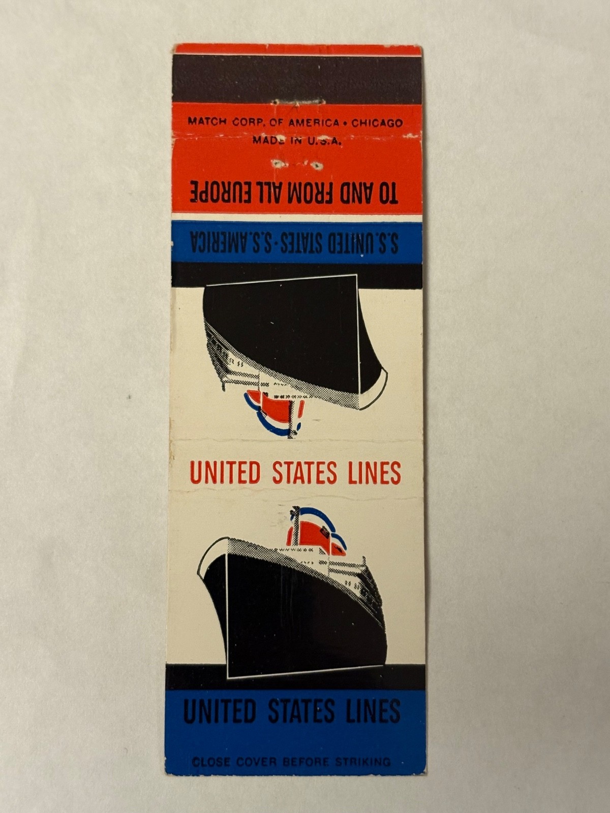 United States Lines Matchbook Cover S.S. America Europe US U.S. SS Match Corp