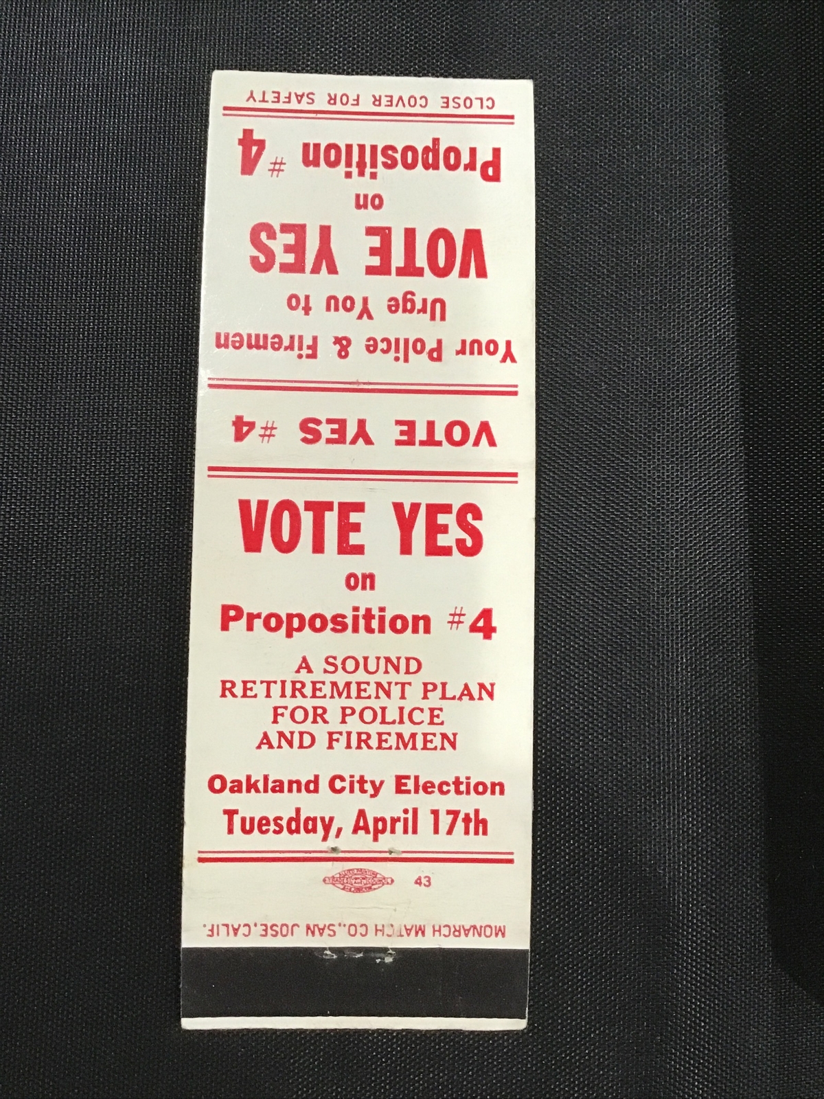 Vote Yes Prop #4 Retirement Police & Fireman Matchbook Cover