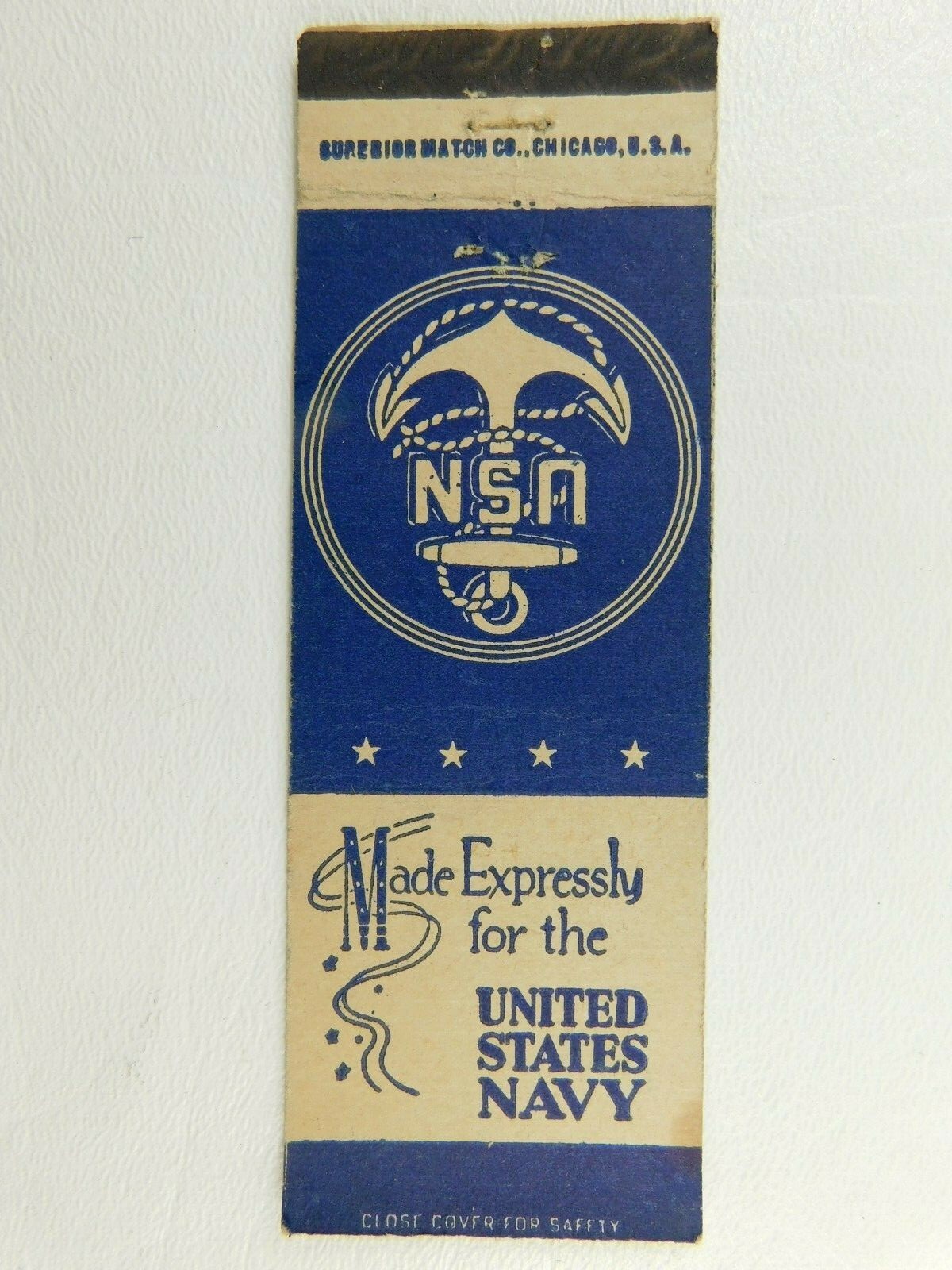 Made Expressly For The United States Navy U.S.N. Anchor Vintage Matchbook Cover
