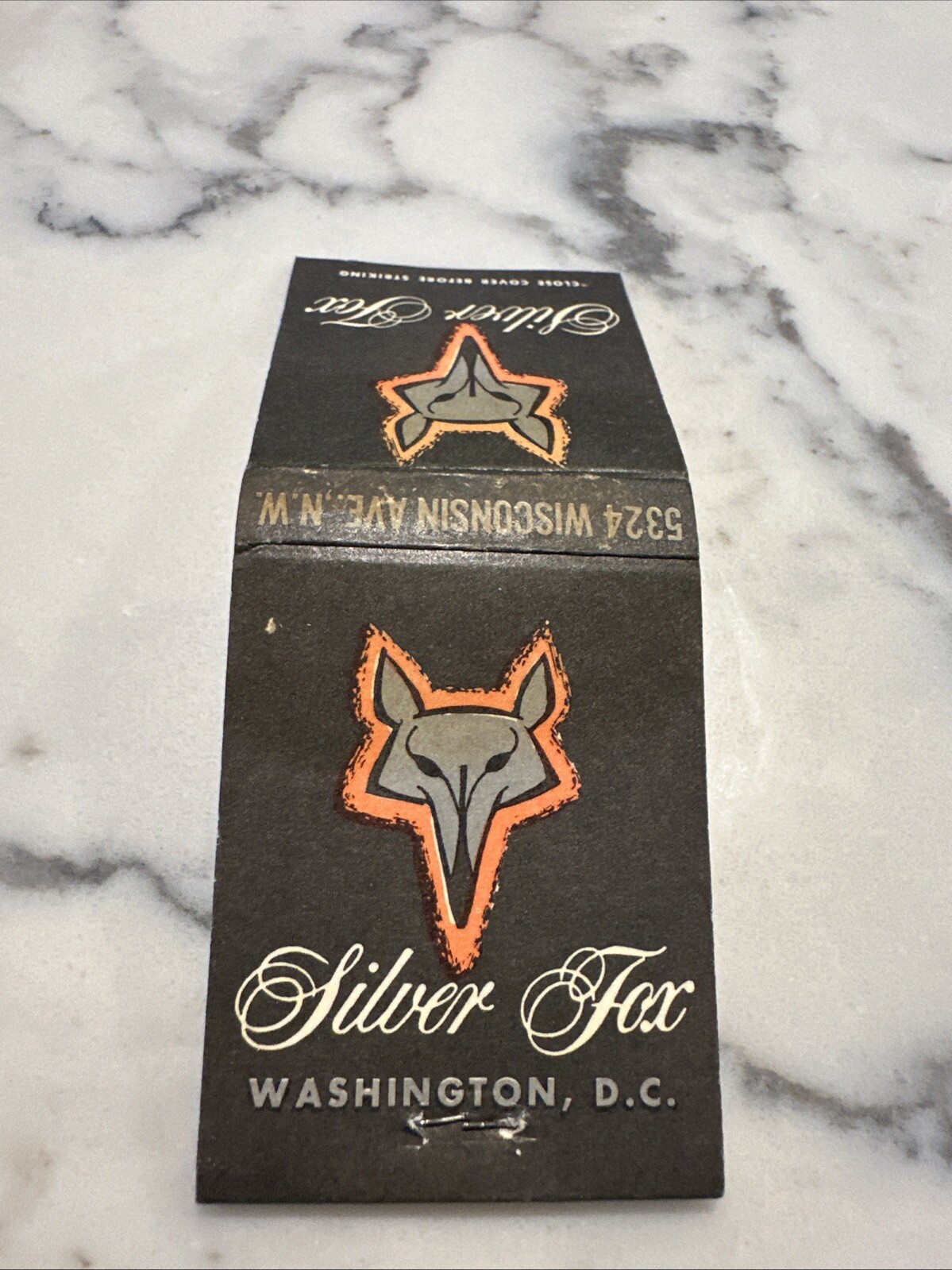 Vintage Matchbook Washington DC Silver Fox Restaurant Black Orange UNSTRUCK