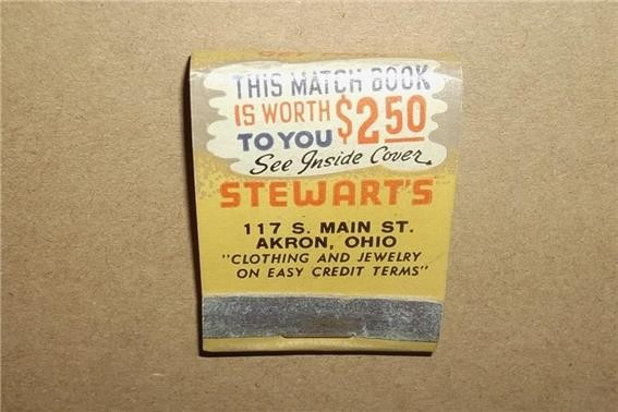 VINTAGE STEWART’S CLOTHING & JEWELRY AKRON OHIO w/ ILLUSTRATED MATCHES MATCHBOOK