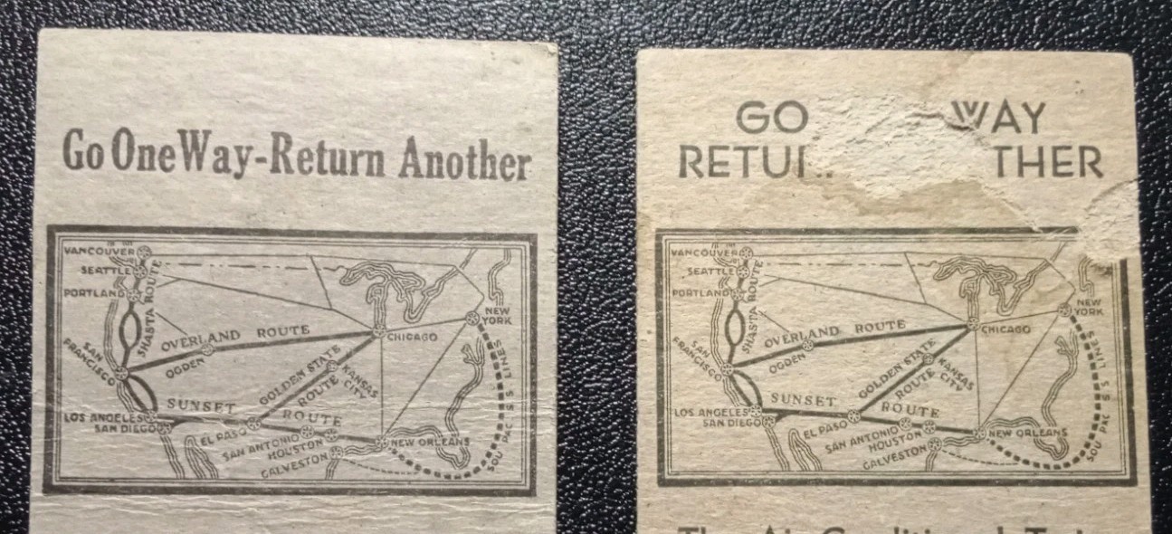Southern Pacific Lines Black Dining Railroad Car Waiter Matchcovers (2) 1940s