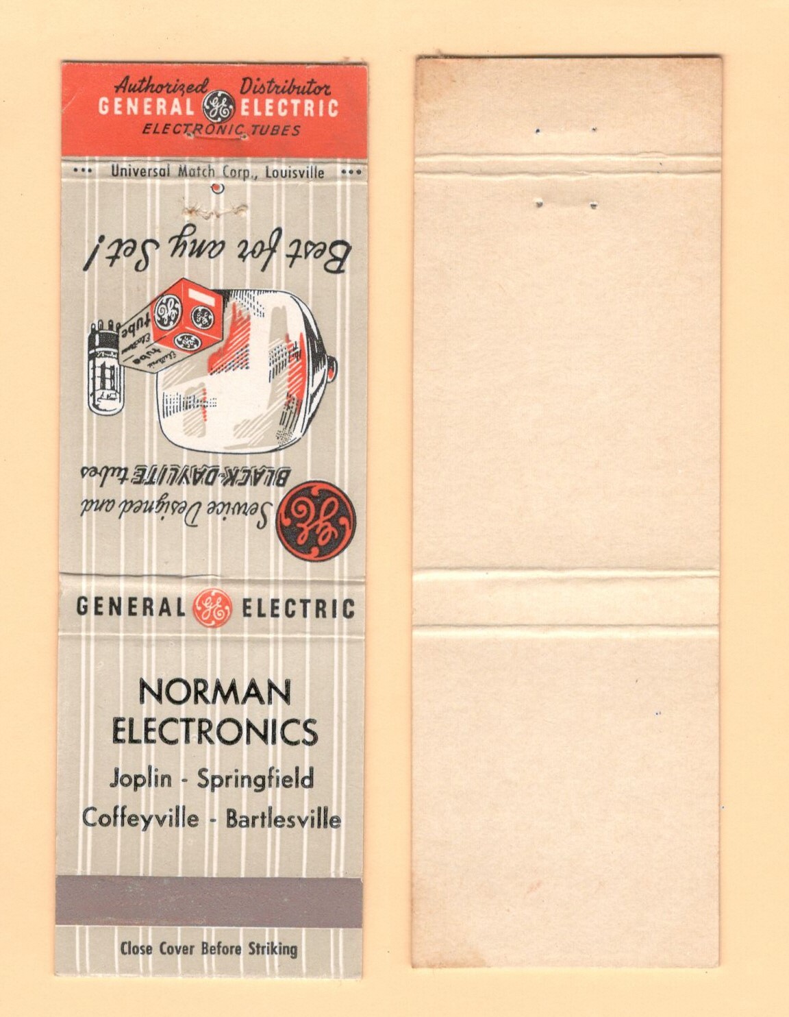 NORMAN ELECTRONIC SUPPLY KANSAS CITY MO BLACK DAYLITE TUBES GE MATCHBOOK COVER 2